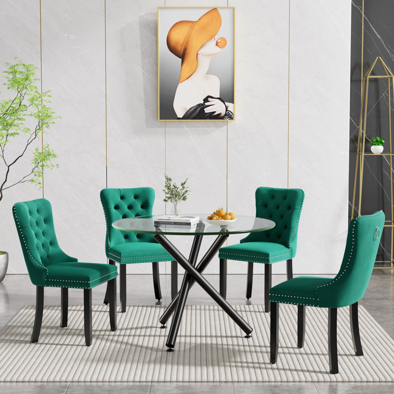 36" Glass Dining Room Table Set for 4, 5-Piece Round Black Dining Table with Metal Legs,  4pcs Velvet Upholstered Chairs with Wood Legs, Glass Kitchen Table and Chairs Set