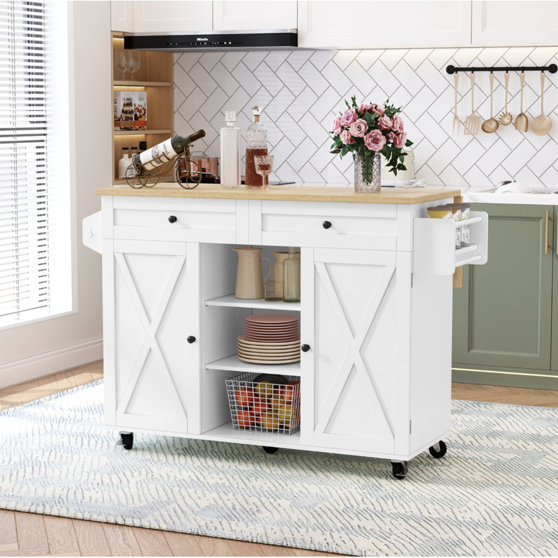 Jaye 51.7" Kitchen Island on Wheels with Storage Cabinet with Drop Leaf Countertop, White