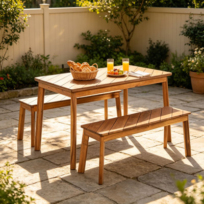 3 Pieces Acacia Wood Table Bench Dining Set For Outdoor & Indoor Furniture With 2 Benches
