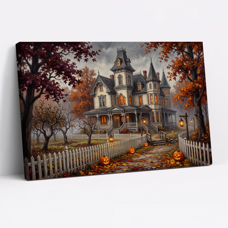 Toile victorienne avec feuilles d'automne et Jack O Halloween, 24"H x 36"W