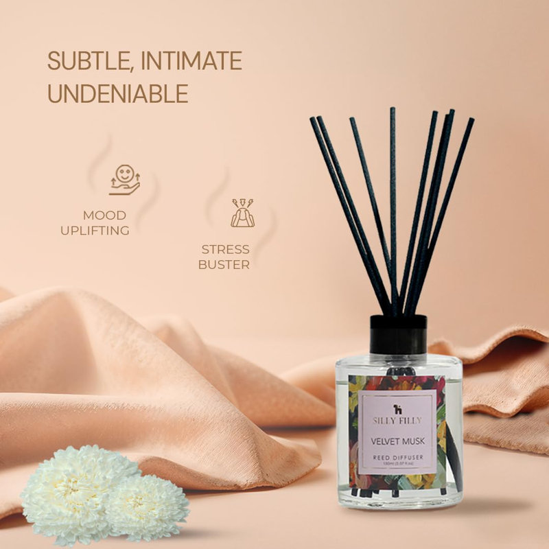 Ensemble de diffuseur Reed | Velours musqué | Pour la maison et la salle de bain Accessoires de décoration de tablette et assainisseurs d'air | Diffuseur Sticks aux huiles essentielles de 5 oz liq. Maison, chambre, bureau, décor et cadeau