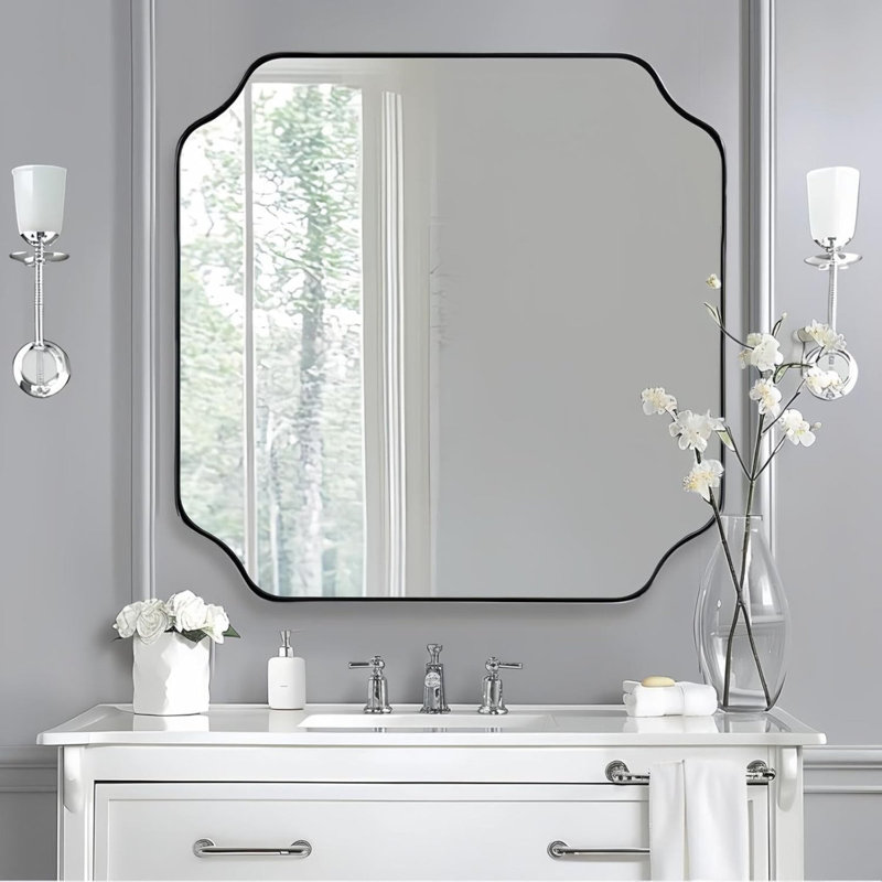 Miroir de salle de bain Modern Cadre en acier inoxydable, Chrome poli, 30 po x 30 po