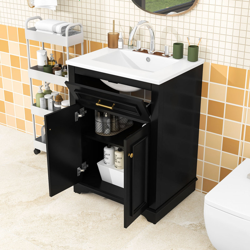Meuble-lavabo élégant avec lavabo en céramique, tiroir basculant, portes à fermeture en douceur et tablette réglable, Noir