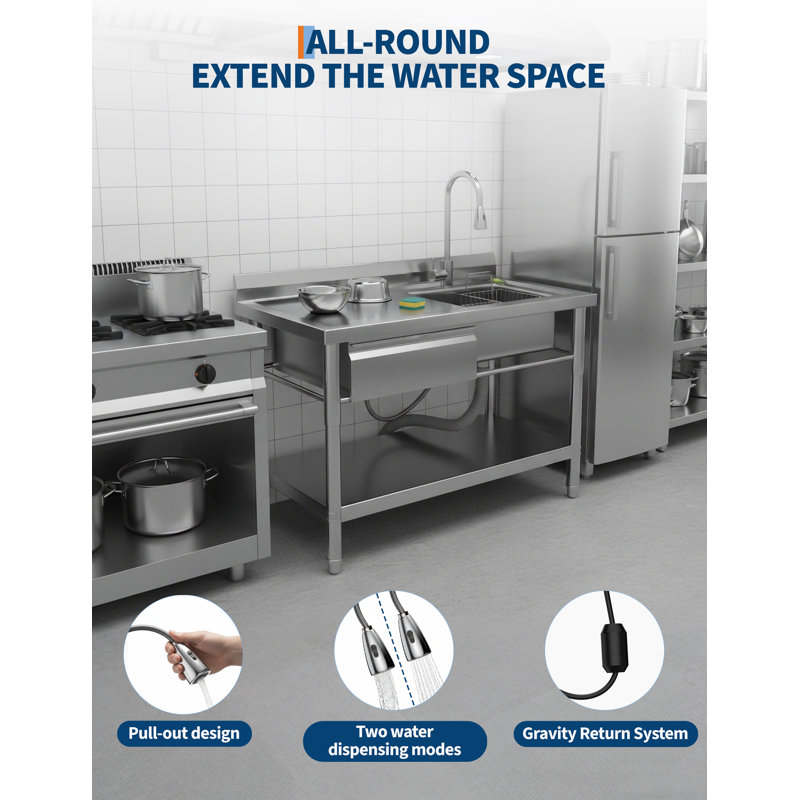 Bac utilitaire autoportant robuste en acier inoxydable de 181 kg (400 lb) – Bac à lessive à une cuve avec robinet extractible, tiroir de rangement et établi – Bac de cuisine commercial pour restaurant ou garage – Avec tiroirs