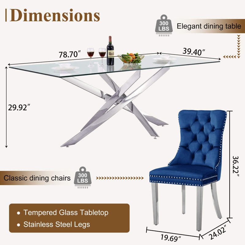 78.7" Rectangle Glass Dining Table Set With Polished Stainless Steel X-Base And Velvet Upholstered Nailhead Trim Dining Chairs(Set Of 9)