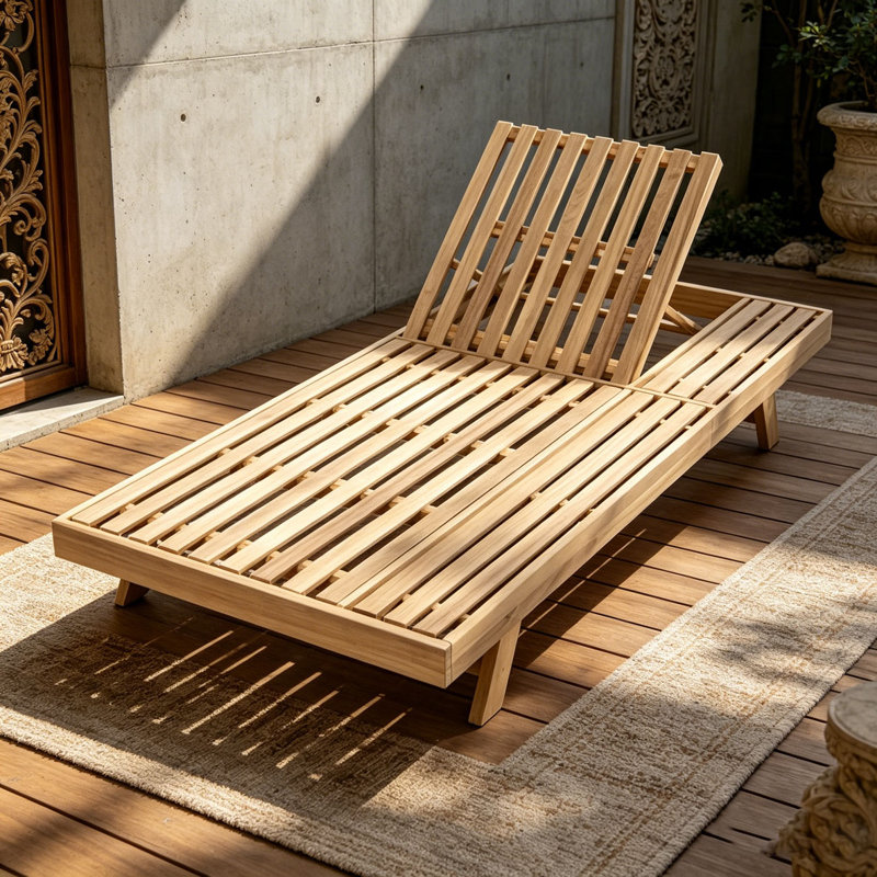 Foldable Acacia Wood Lounge Chaise With Adjustable Backrest, Black-Uncushioned