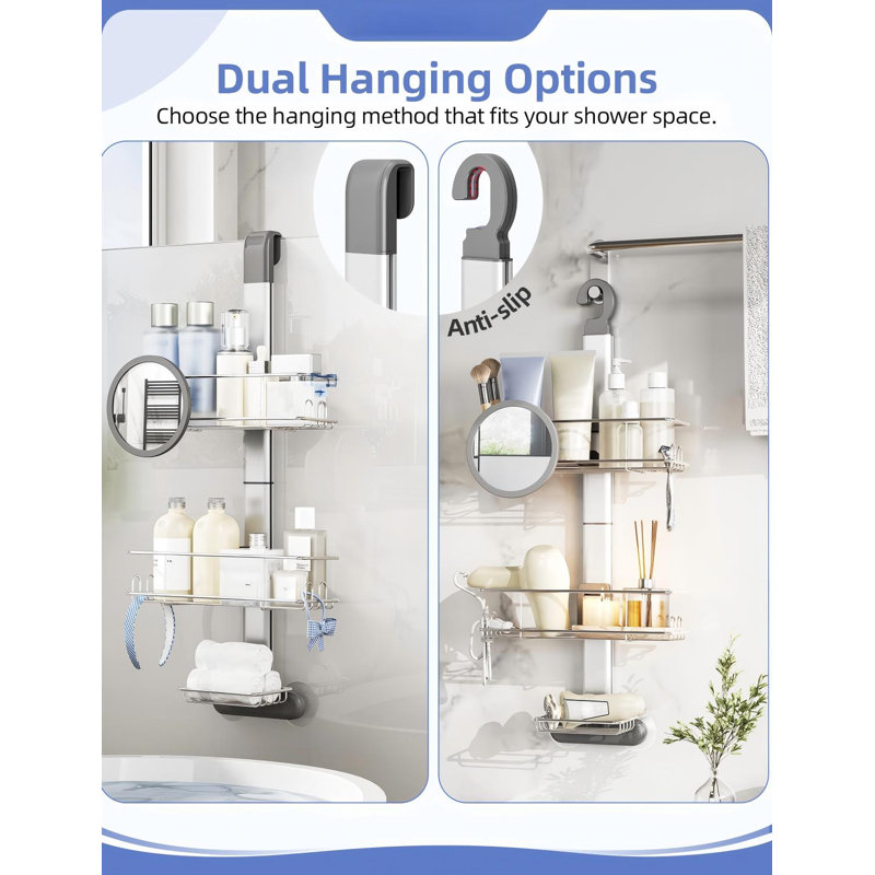 Étagère de douche suspendue, barres de douche en aluminium pour l'intérieur de la douche, étagères de douche durables et résistantes à la rouille, support stable, double option de suspension pour pommeau de douche et paroi de douche en verre, 8 crochets et miroir, (Argent)