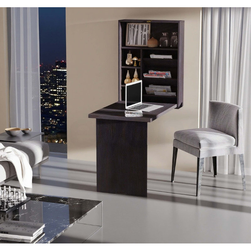 Bureau convertible mural escamotable, bureau flottant multifonctionnel, Brun