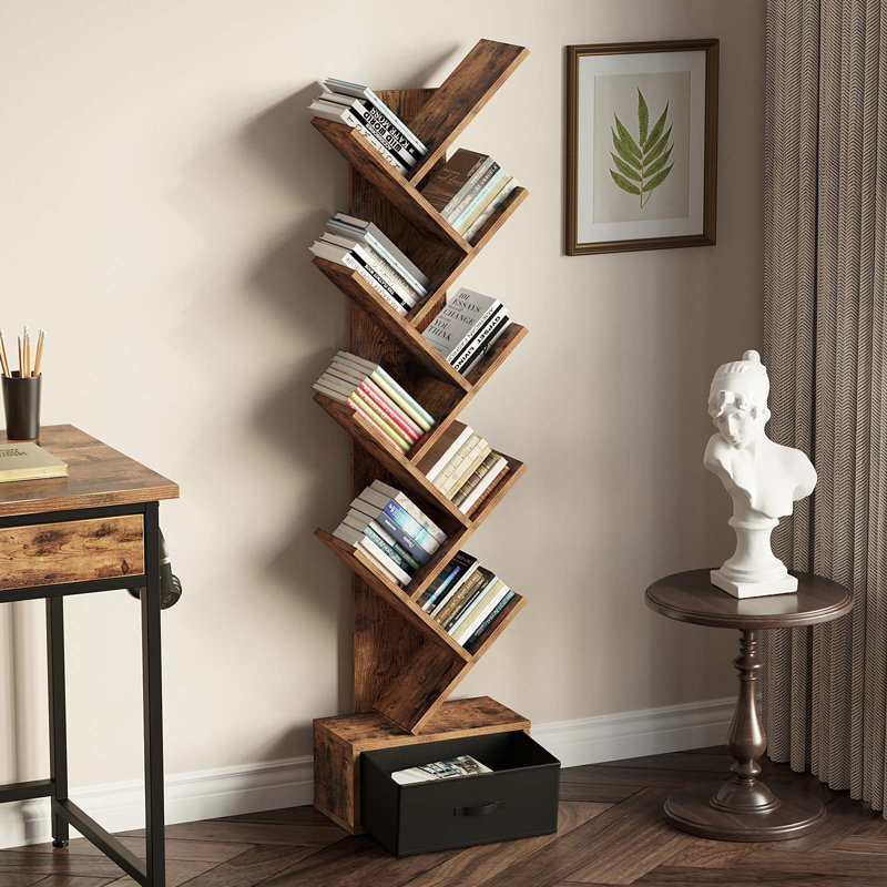 Tree Bookshelf with Drawer Bookcase, Modern Book Storage, Free Standing Tree Bookcase, Utility Organizer Shelves for Home Office, Living Room, Bedroom, Rustic Brown