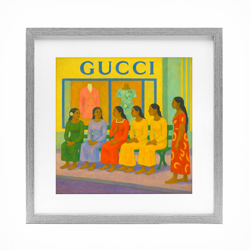 Gaugin Style Glam, reproduction encadrée sous verre, design par Grotto Studios, H 13 po x l 13 po, Cadre de ferme gris