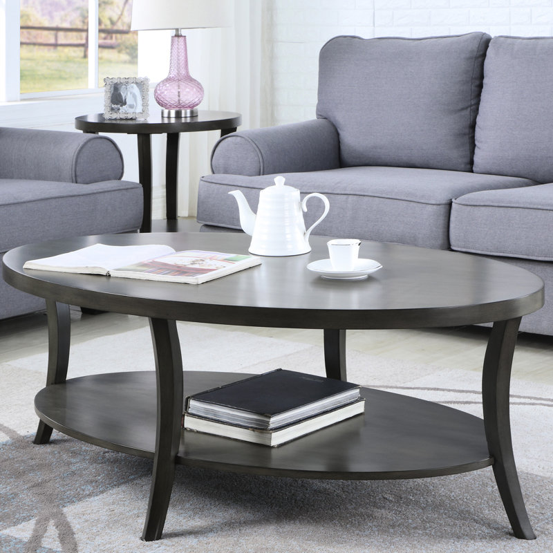 Table basse ovale grise - Design avec placage en bois rond et tablette supplémentaire, Gris