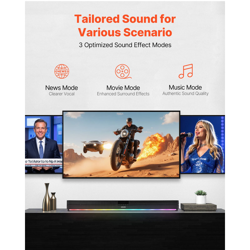 Barre de son pour téléviseur intelligent, canal 2.0, haut-parleurs de téléviseur à barre de son compacte de 32 pouces pour projecteur, connexion AUX Bluetooth, télécommande, installation facile, système de son ambiophonique de 80 W pour cinéma maison