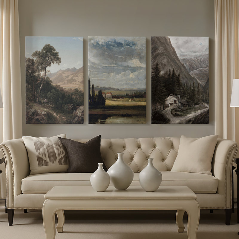 Paysage rétro Cxxxvi - Toile tendue sur mesure - 3 pièces, H 27 po x l 54 po
