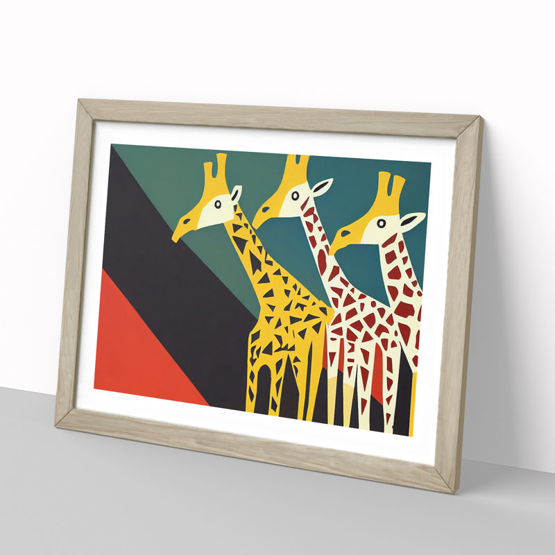 Abstract Giraffes - Single Picture Frame Print, 46cm H x 64cm W x 2cm D, Oak