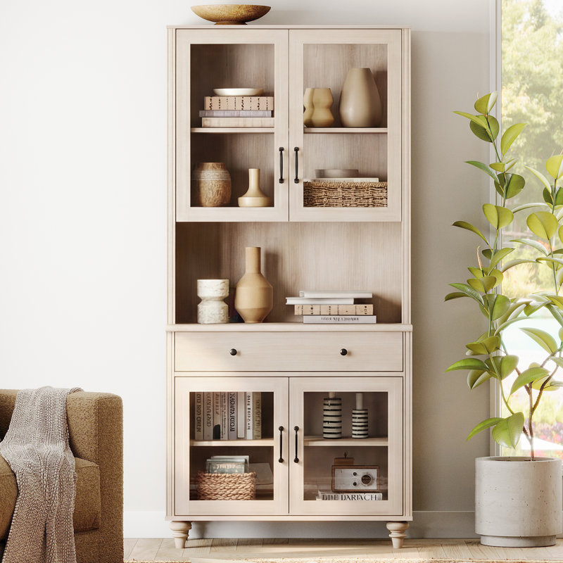 Bibliothèque Corretta 5 niveaux (183 cm H x 86 cm L) avec portes vitrées et grand espace de rangement, étagère à livres avec tiroir en bois, style bibliothèque de ferme, idéale pour le salon, le bureau ou la cuisine, beige.