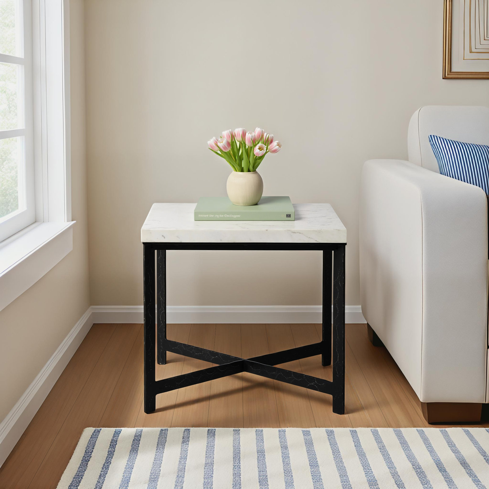 Nelida 24" Genuine Marble End Table, White Marble Top/Antique Brass Base