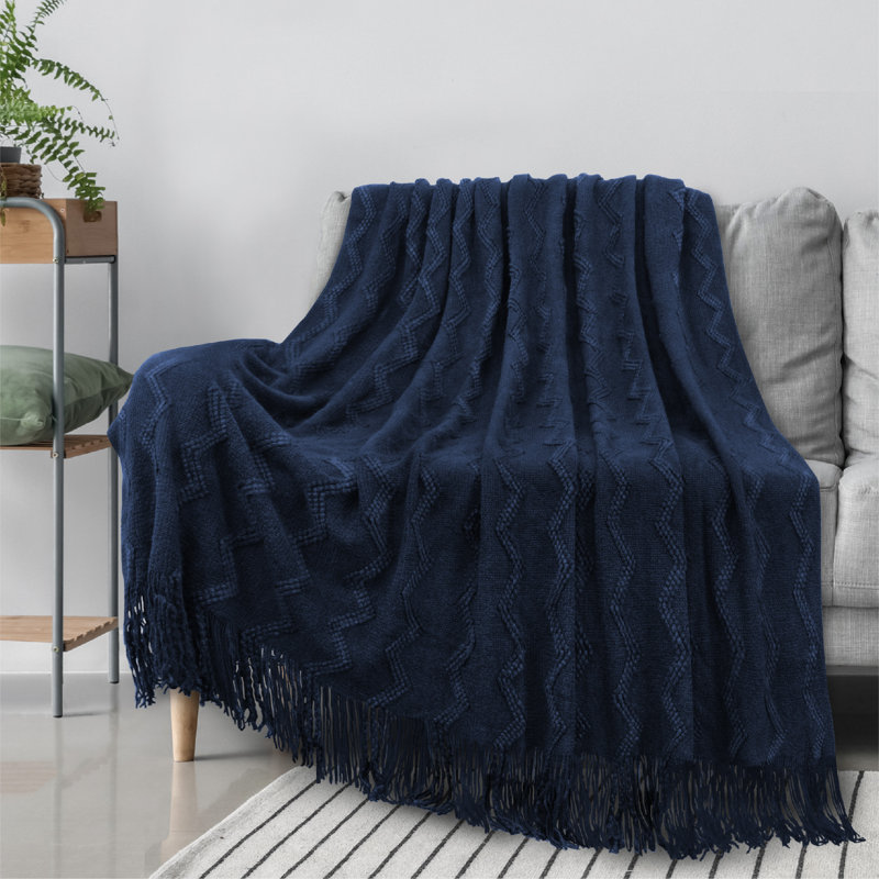 Navy Blue Knitted Fleece Reversible Throw Blanket