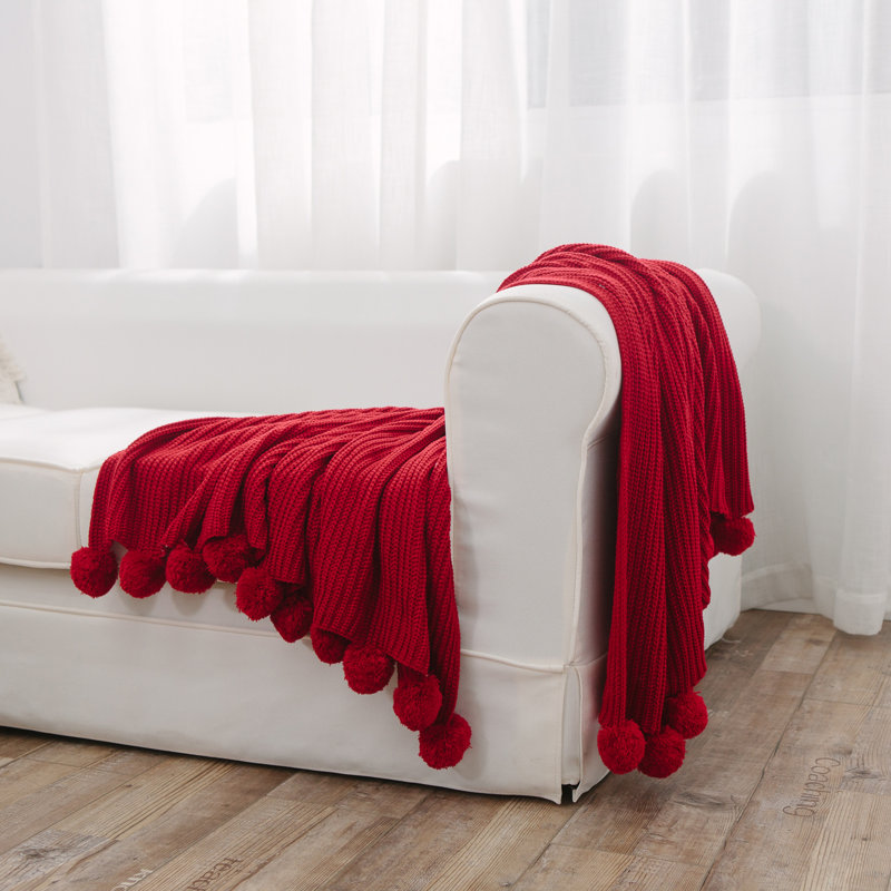 Pong Pongs Knitted Throw Blanket, Red