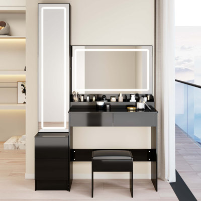 Extra Large Dual LED Mirror Vanity Set with Touch Control, 3-Color Lighting, Adjustable Brightness, and Multi-Tier Storage for Makeup and Dressing.