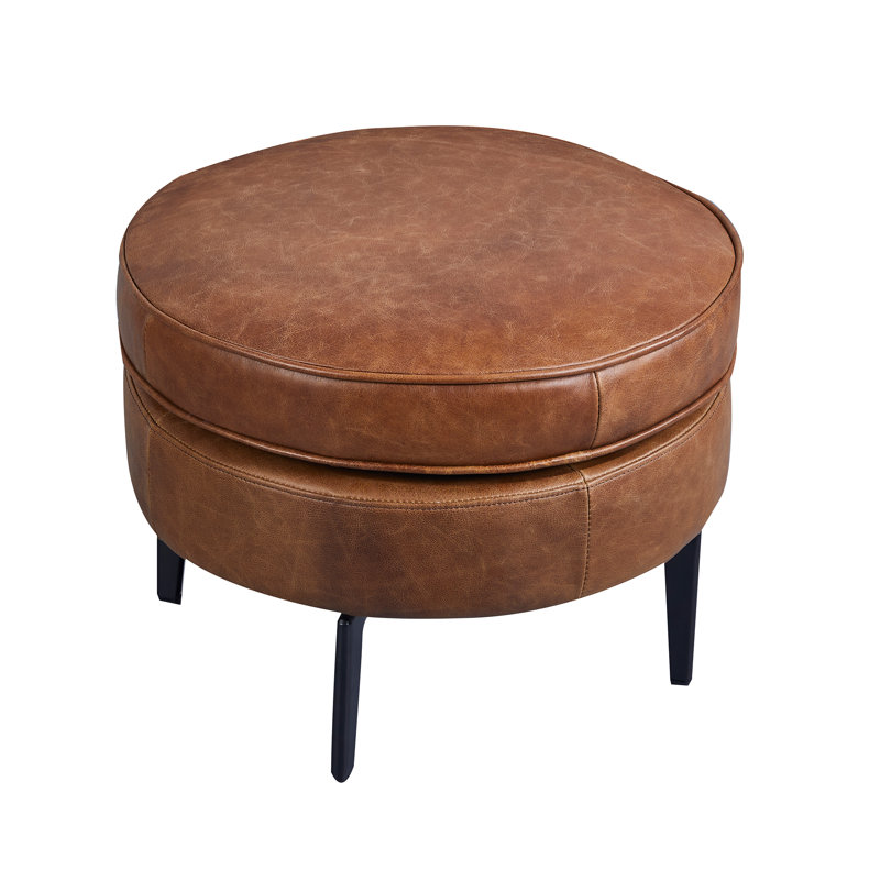 21.5'' Jackson Top-Grain Round Leather Ottoman, Caramel Brown