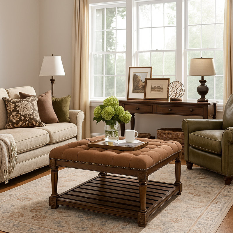 Maven Lane Mesa Square Upholstered Coffee Table In Aged Brown With Clay Brown Fabric, Brown