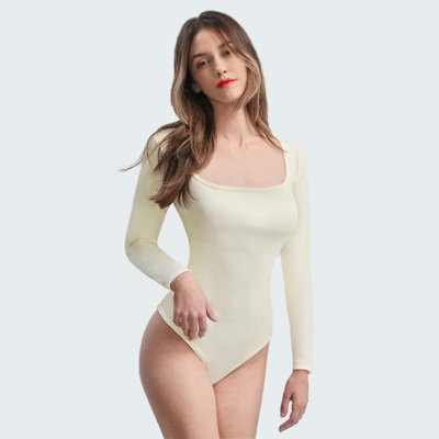 L Size White Women's Long Sleeve Triangle Bodysuit Slim Top Comfortable Square Neck Casual Original Overall Spandex Crewneck Minimalist Skinny