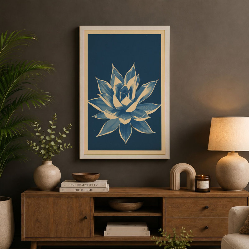 Lotus in Teal Botanical - Wrapped Canvas, 24x16 - 61.0 x 40.6 cm, Taupe Border