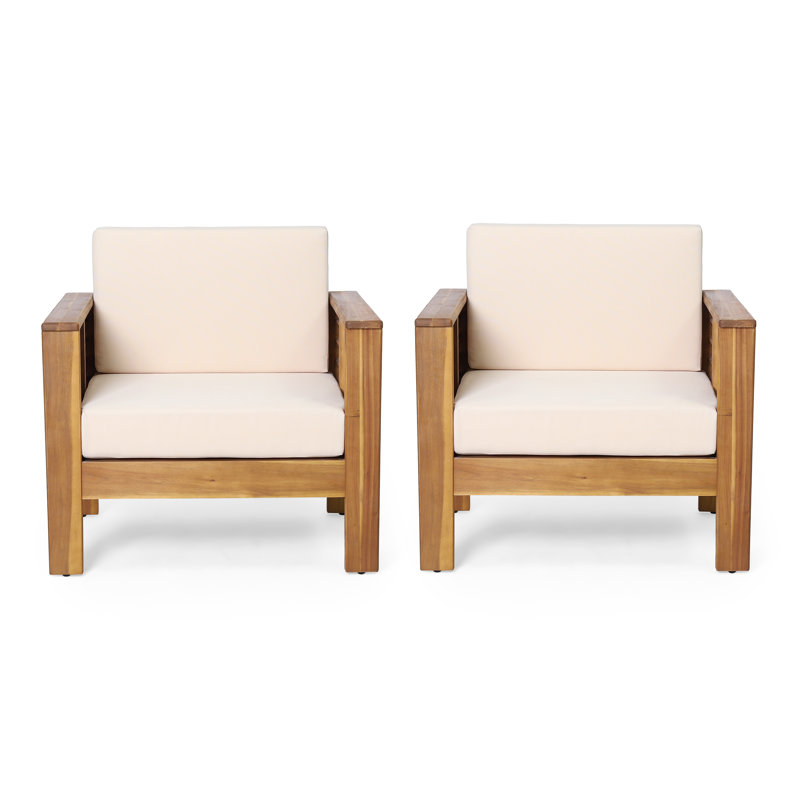 Fauteuils club d'extérieur en bois d'acacia Zytaevius avec panneau à volets et coussins hydrofuges, Teck / crème