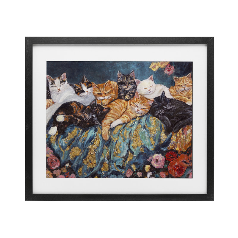 «Sleepy Kitty Crowd with Flowers», reproduction encadrée sous verre, design par Sara Culpepper, H 13 po x l 16 po