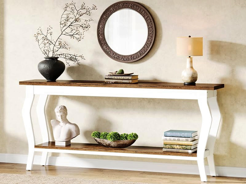Console rétro française de 70,9 po - très longue table de canapé derrière le canapé avec 3 tablettes, rangement blanc et brun pour les grands canapés modulaires, le couloir et le salon