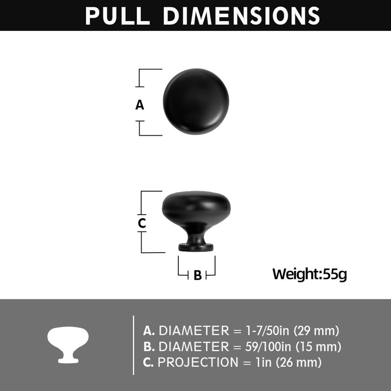 Poignée champignon 1,14 po de diamètre, Noir