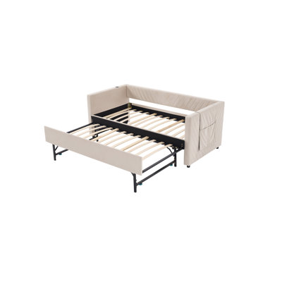 Upholstered Daybed with Trundle,USB Port ,Side Pockets, Modern V-grained backrest Design