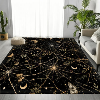 Gothic Halloween Moon Star Butterfly Spiderweb Area Rug, Mystical Art Pattern, Soft Durable, Machine Washable Non-Slip Floor Carpet, Unique Stylish Indoor Home Decor for Living Room, Bedroom, Dormitory, Apartment