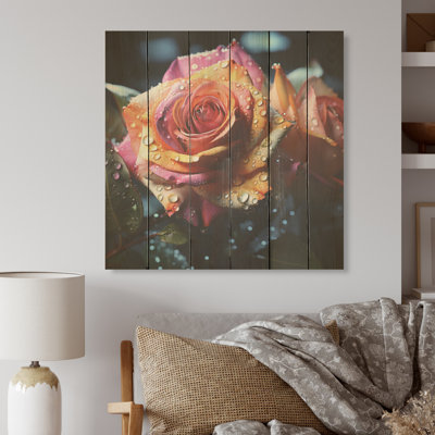 Rainy Rose Burst Of Rainbow Colors - Roses, art sur bois de pin naturel
