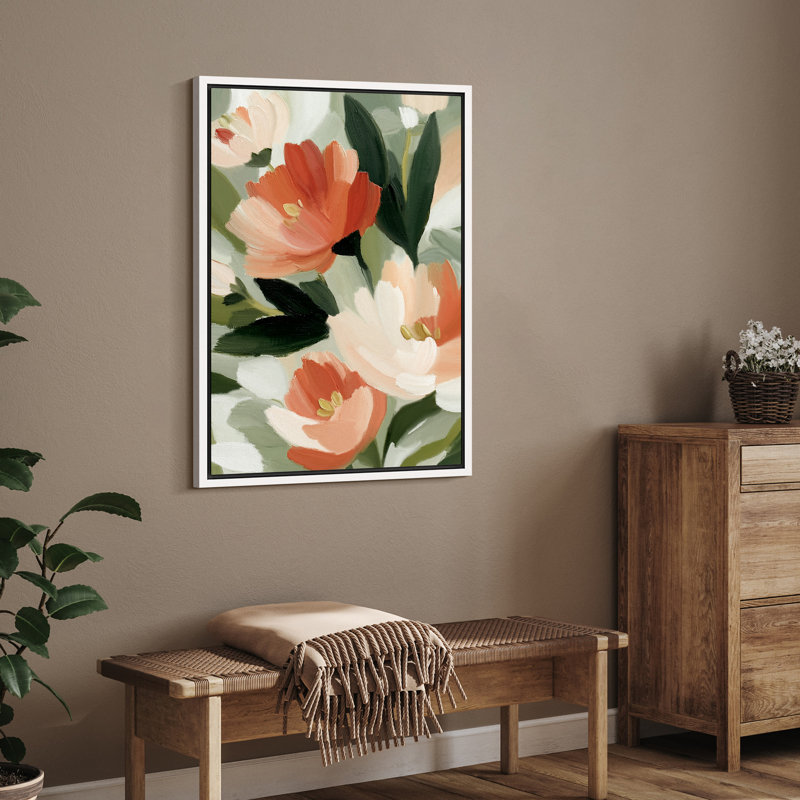 Art mural sur toile rouge et crème à motif floral moderne - décoration florale moderne pour le salon ou la chambre à coucher