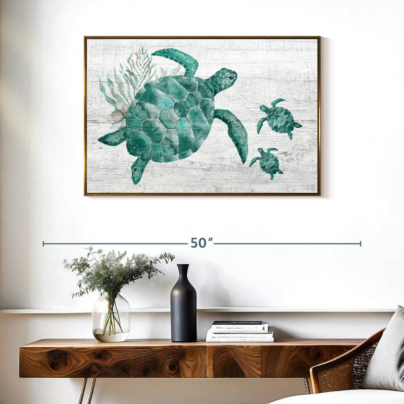 Famille de tortues en bois, Cadre flottant doré, 37 po x 25 po