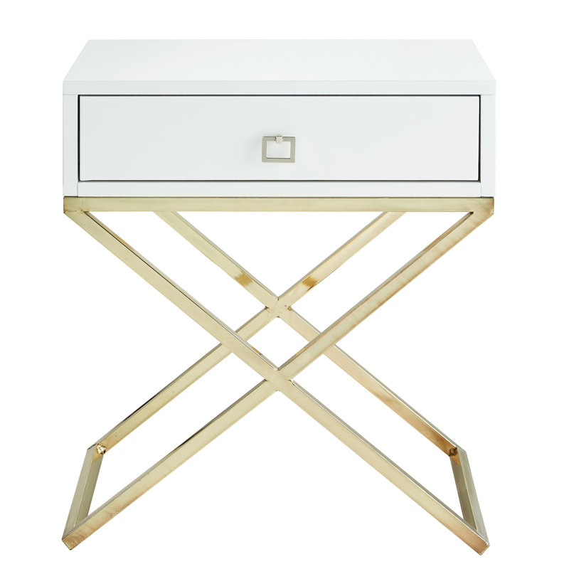 Table de bout avec rangement Marianna, Acier doré, Blanc
