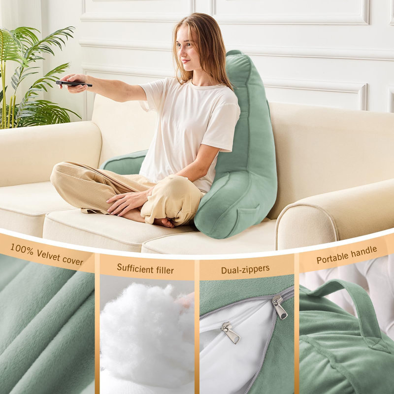 Back Pillow for Bed Sitting Up with Arm Support and Side Pockets, Sage