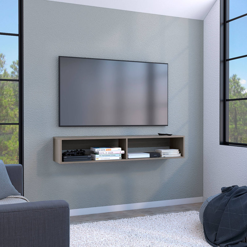 Meuble télé flottant avec deux tablettes ouvertes, compartiments multimédia et gestion des câbles, Gris clair