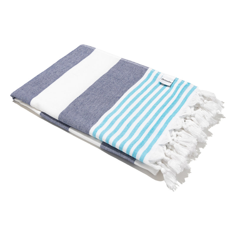 Marine Striped Peshtemal with Terry Cloth Lining, Luxe Bath or Beach Turkish Towel Made from 100% Organic Cotton , 68” x 37”