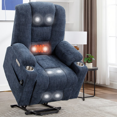 Fauteuil releveur électrique Canora gris, 87 cm de large, en chenille, avec accoudoirs rembourrés, fonction chauffante et massante, ports USB et de type C, 2 porte-gobelets en acier - Bleu
