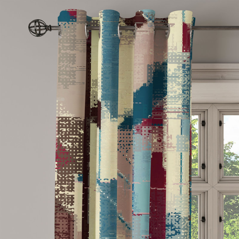 Dakota Fields Grunge Grommet Curtain Jumble Abstract Stripes Art 50" x 96" Cream Raspberry Sea Blue, 50" W x 108" L