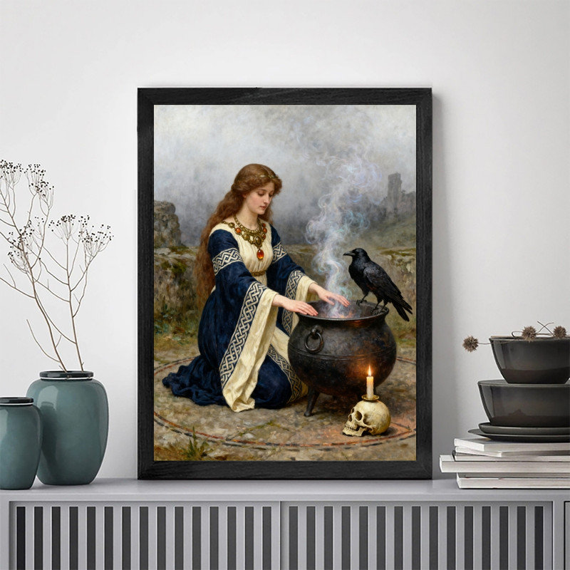 Black Framed Whimsical Witchy Cauldron Wall Art, Vintage Gothic Mystical Portrait Framed Prints, 11" H x 9" W