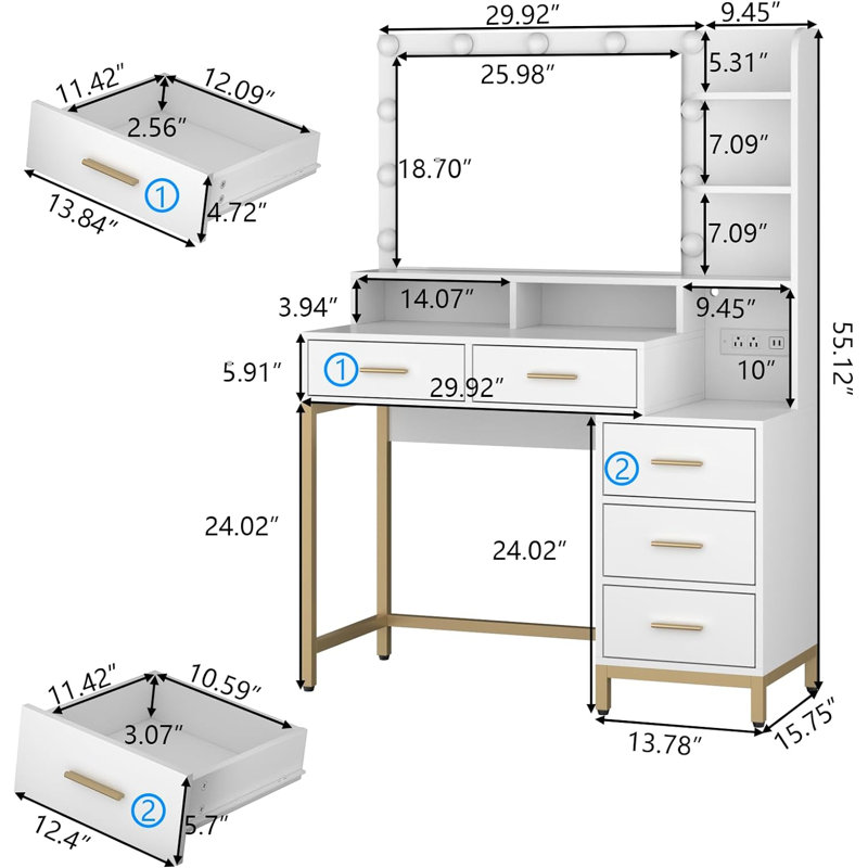 Vanity Desk with Lighted Mirror & Power Outlet, Makeup Table with 5 Drawers, Two Cubby & Shelf, Vanity Dresser with 11 Lights in 3 Lighting Colors for Bathroom, Bedroom,Makeup Room