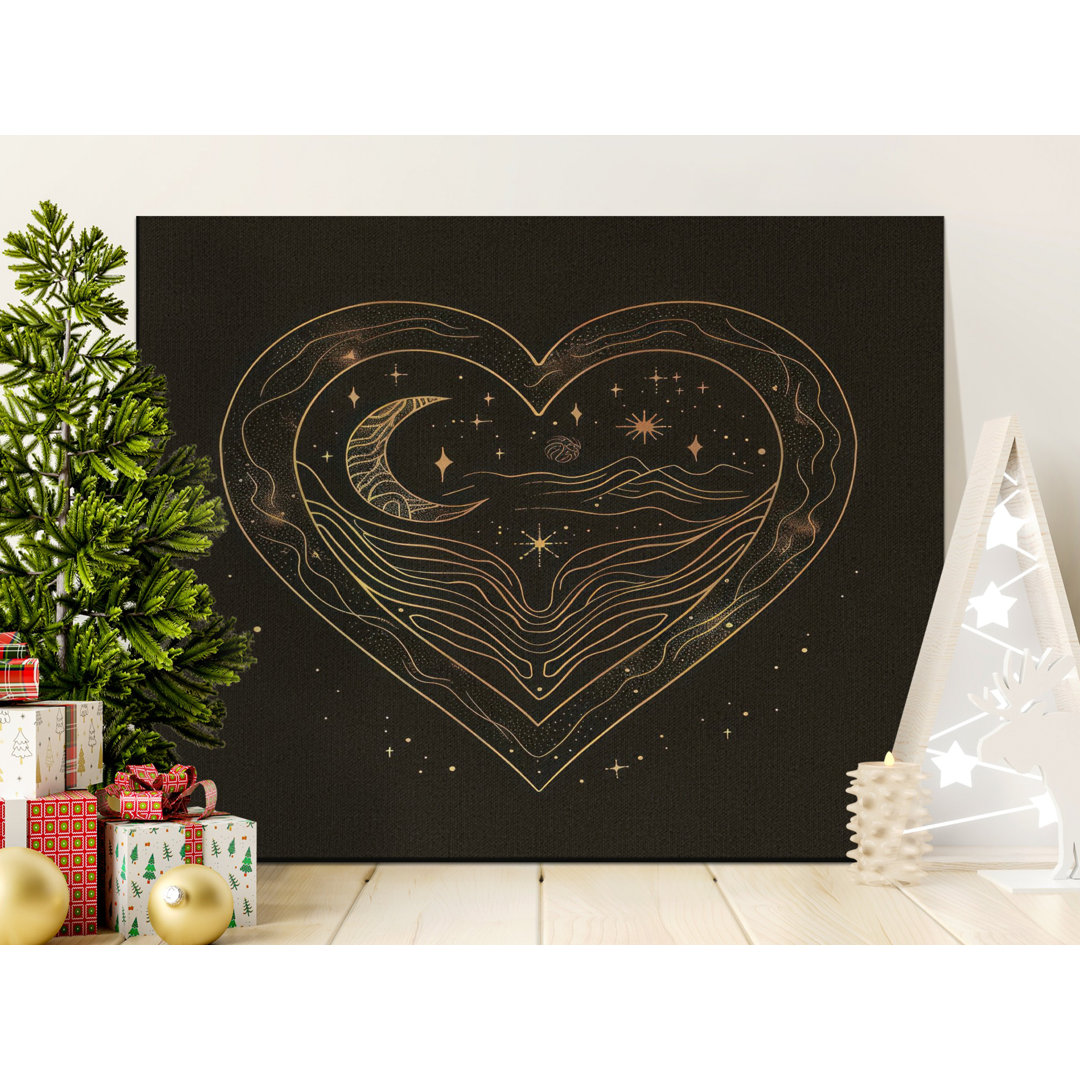 Celestial Heart Canvas Print, Faux Gold Moon Stars Wall Art, Mystical Landscape Love Decor, Romantic Spiritual Home Gift