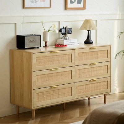 59'' Wide 6 - Drawer Dresser Rattan Bedroom Dresser Wood Dresser