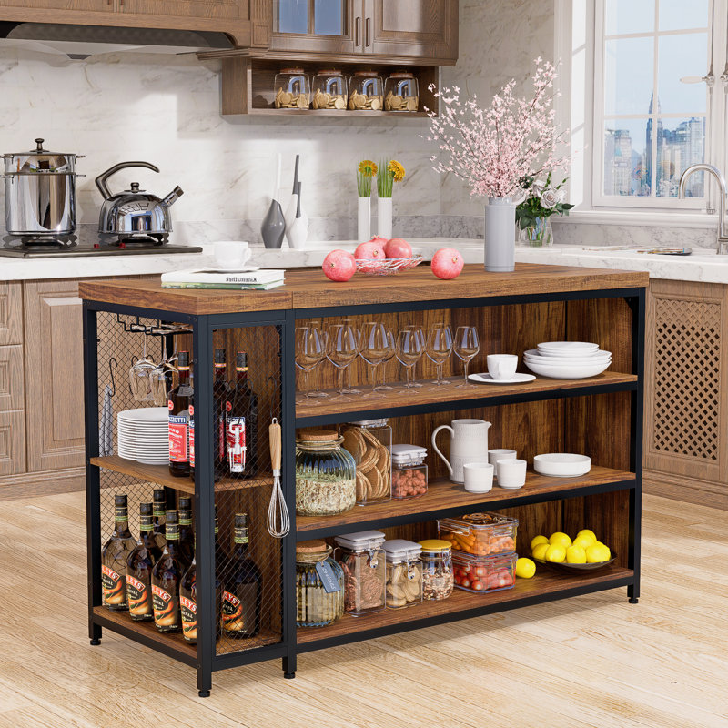 55” Kitchen Island With Seating And Storage 5-tier Open Shelves, Coffee Bar Cabinet With Extra-large Countertop, Spacious Leg Room & 2 Stemware Racks, Rustic Brown