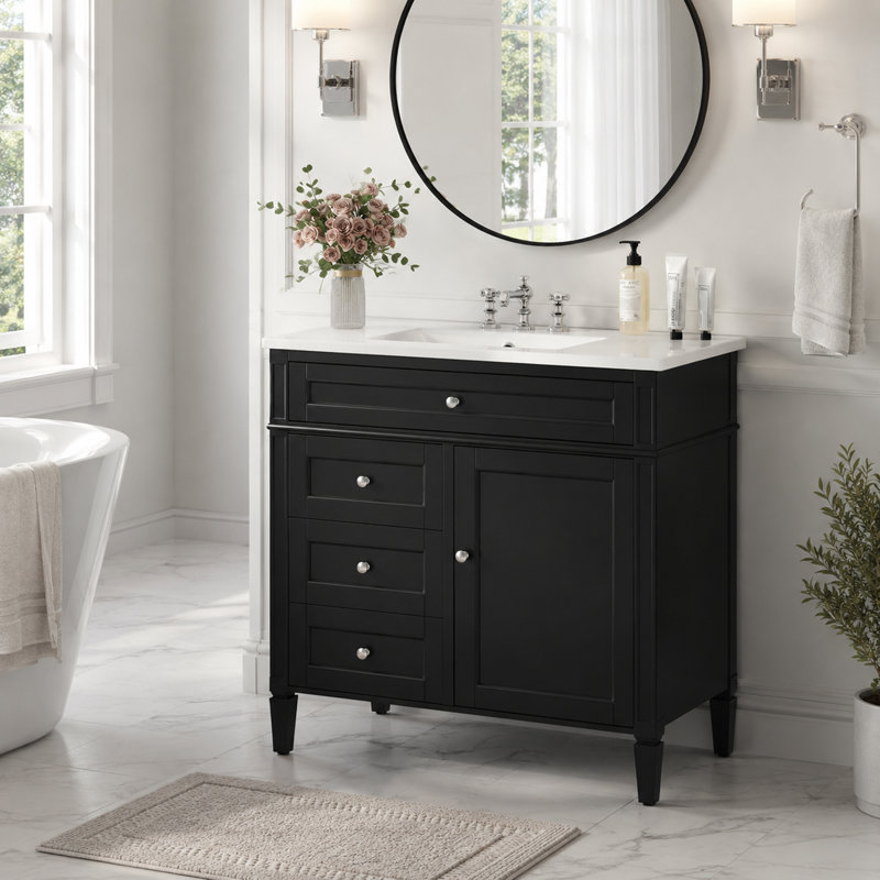 Meuble-lavabo simple 36 po avec lavabo 36 po, 2 tiroirs, tiroir escamotable et rangement pour porte, Noir, sliver
