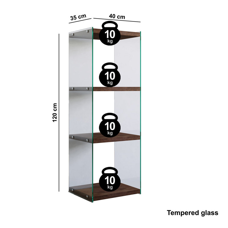 Modern Bookshelf, Walnut Finish, 15.7 x 47.2 x 13.8 inches | 100% Solid Pine Wood & Tempered Glass Frame, 0.3 inches Thickness | Wall-Mountable, Multiple Shelves, Max Weight Capacity 22 lbs per Shelf, Stylish & Functional Design