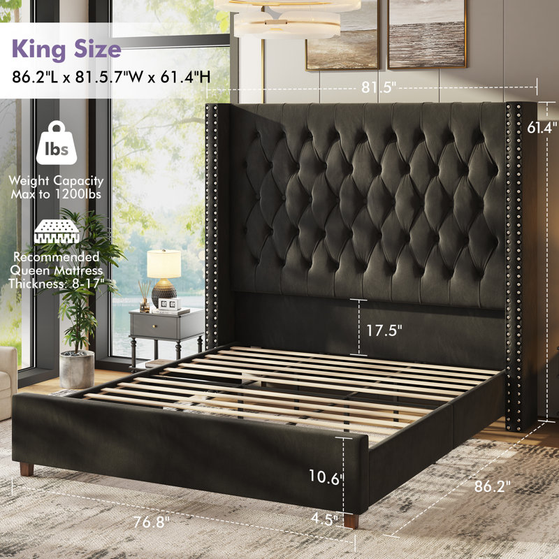 Lit plateforme tapissier à profil bas Duluth, Noir, Très grand